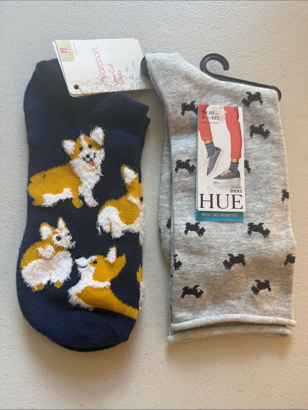 HUE Women's Corgi Pattern Ankle Socks & Scotty Dog Jeans Socks - lot of 2 pair